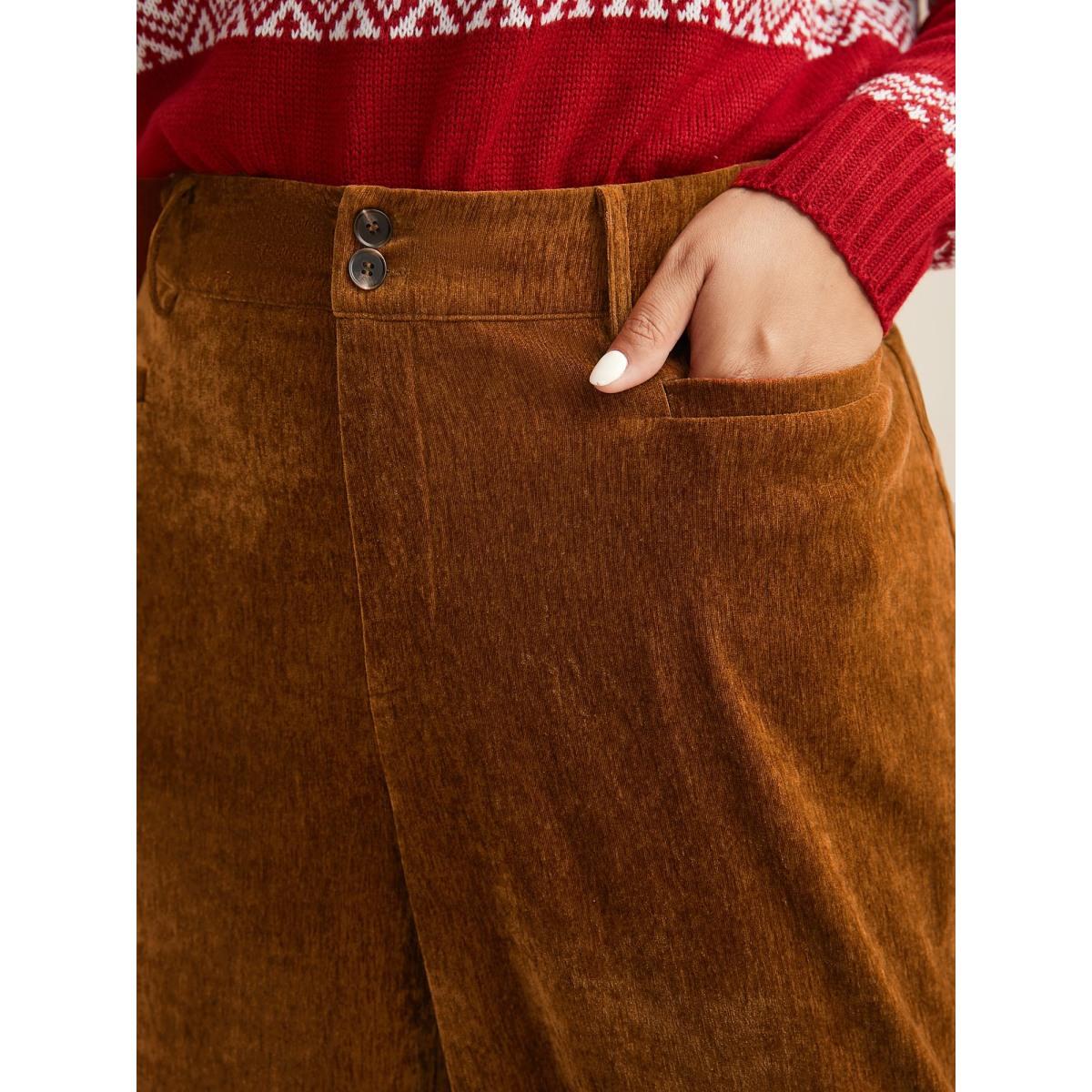 Plus Size Mid Rise Button Up Straight Leg Pants Women Yellowishbrown Casual Straight Leg Mid Rise Everyday Pants BloomChic 30/6X Product Image