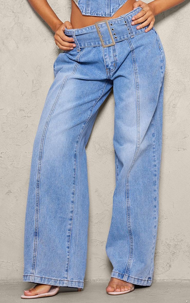 Petite Light Blue Denim Buckle Detail Straight Leg Jeans Product Image