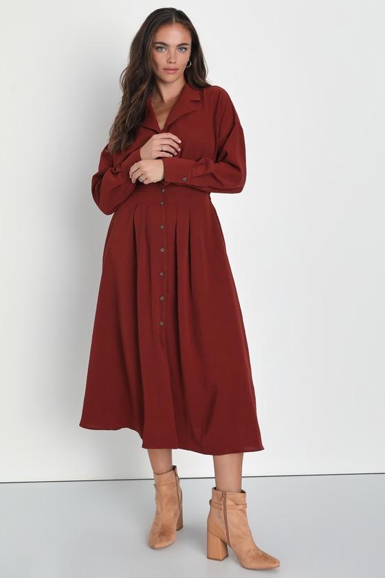 Timeless Class Rust Collared Button-Up Pleated Midi Dress Product Image
