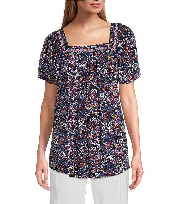 Intro Crinkle Gauze Embroidered Printed Square Neck Short Flutter Sleeve Top Product Image