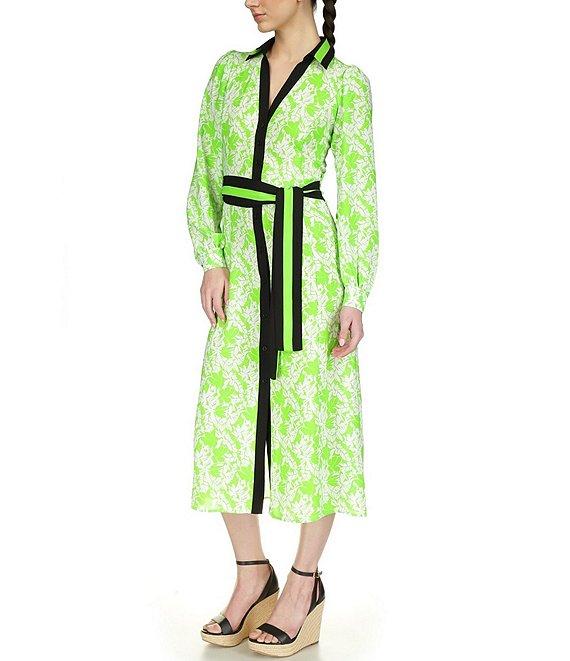 Michael Kors Printed Collared V Neckline Long Sleeve Midi Shirt Dress Product Image