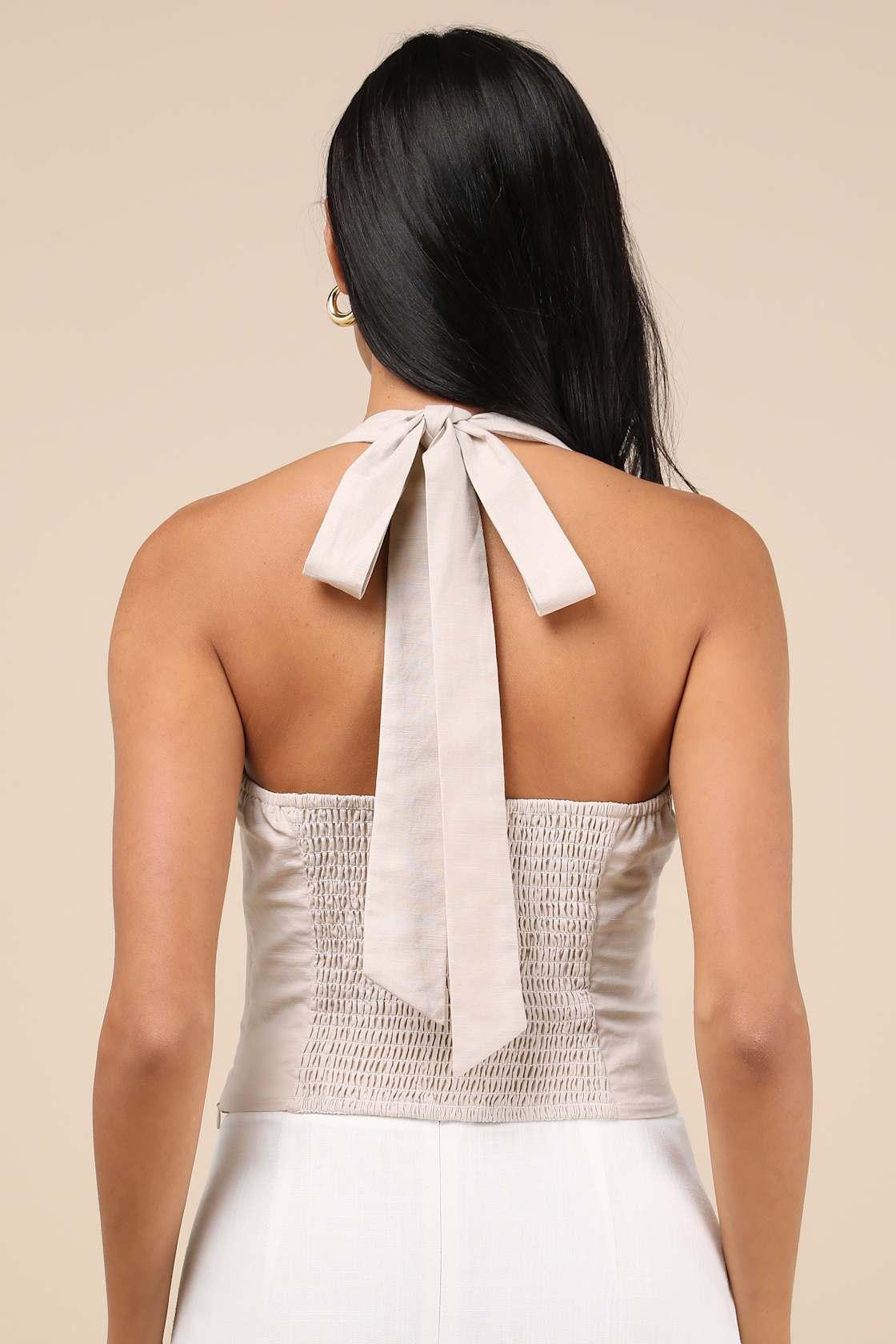 Maebyn Beige Halter Crop Top Product Image