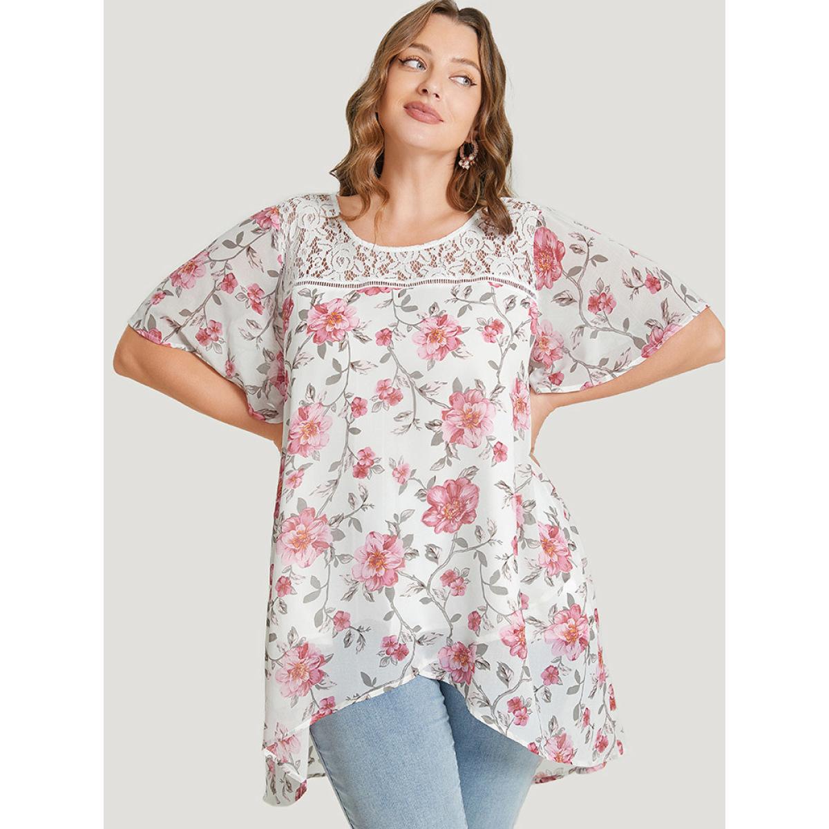 Plus Size White Floral Lace Ruffle Sleeve High Low Hem Blouse Women Elegant Short sleeve Round Neck Dailywear Blouses BloomChic 30/6X Product Image