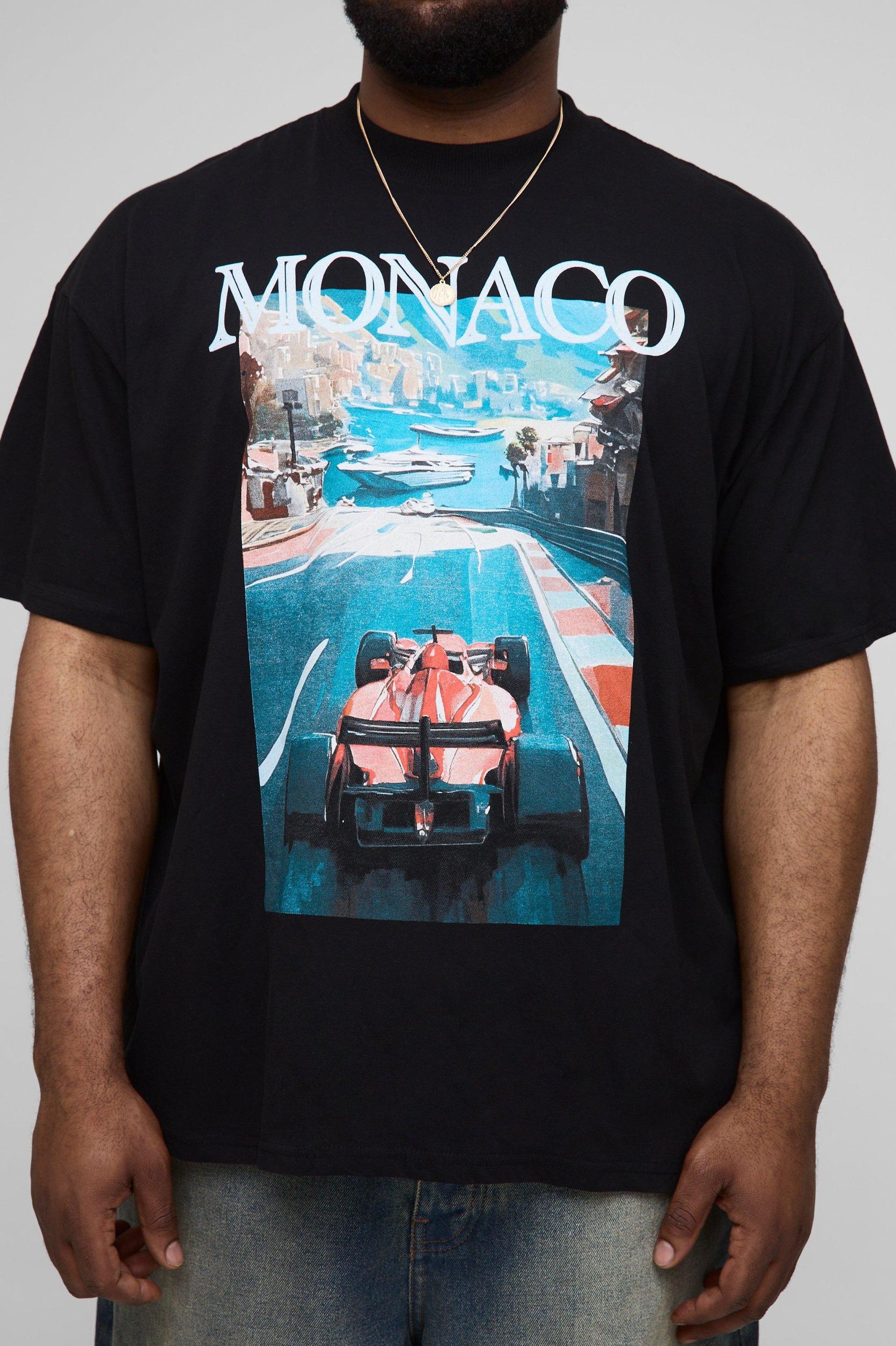 Plus Oversized Extended Neck Monaco Racing Print T-Shirt | boohooMAN USA Product Image