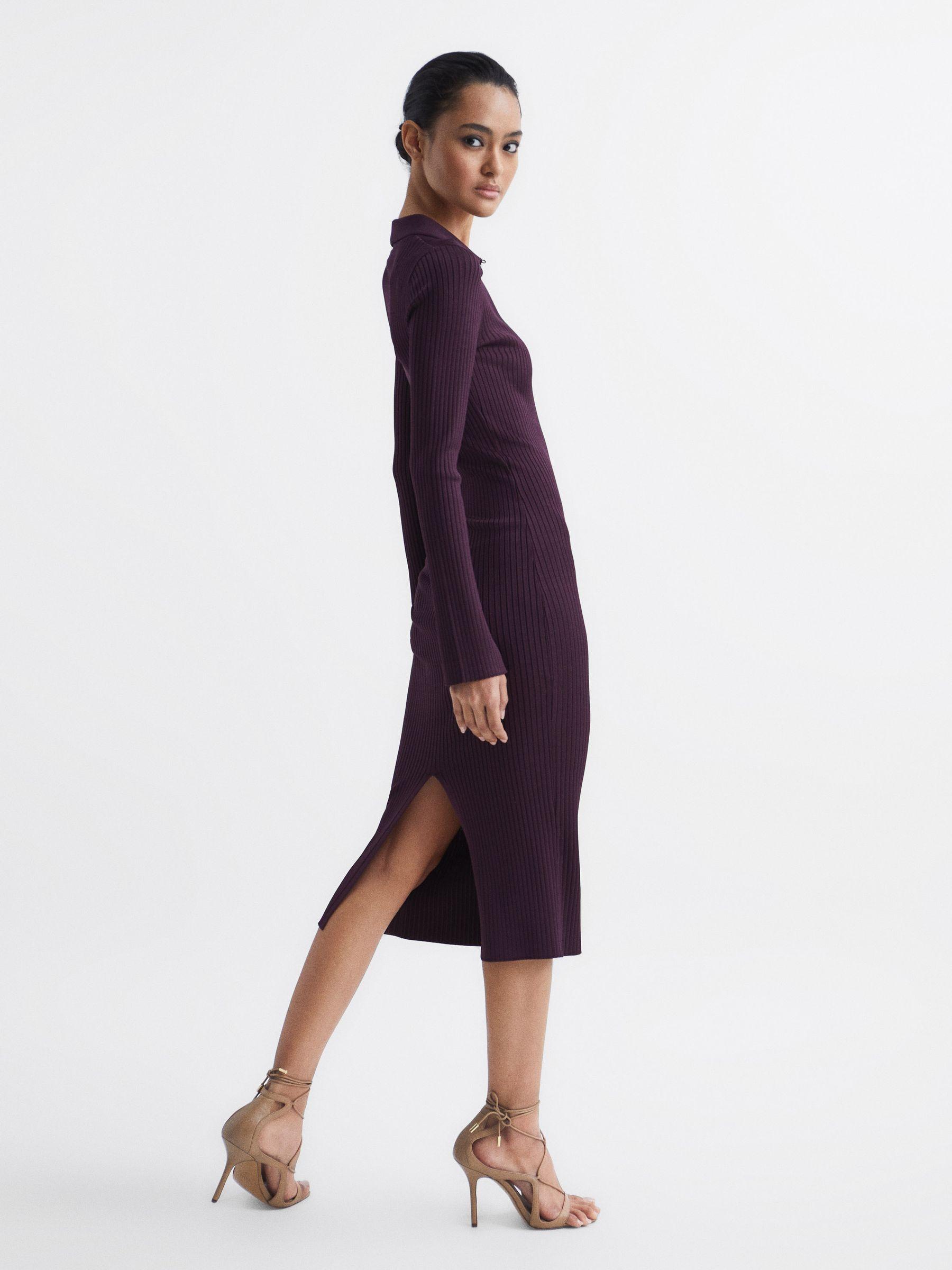 Collared Knitted Bodycon Dress in Purple Product Image