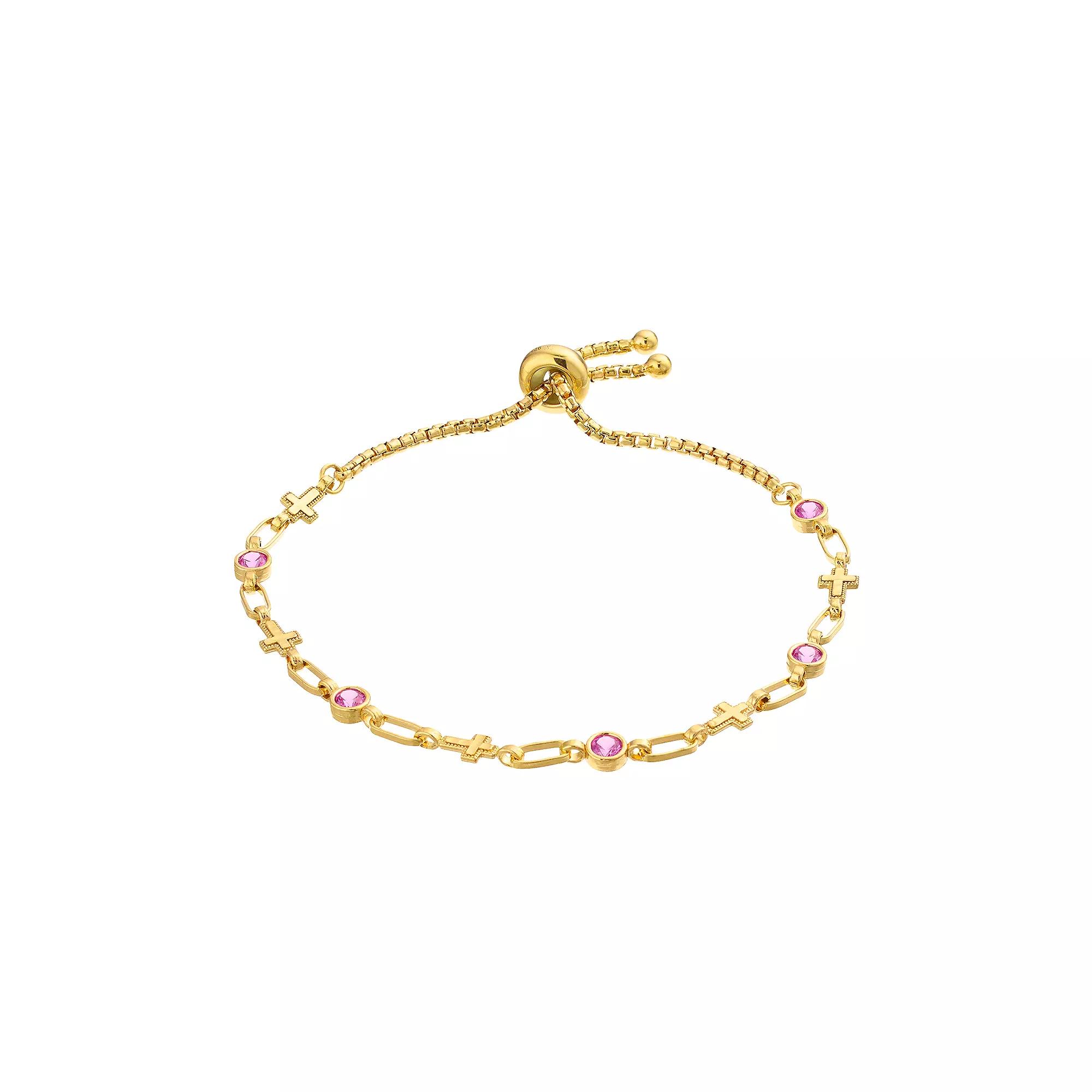 Kristen Kesho Sterling Silver Lab-Created Pink Sapphire & Cross Link Adjustable Bolo Bracelet, Women's, Size: 9.50, Gold Tone Product Image