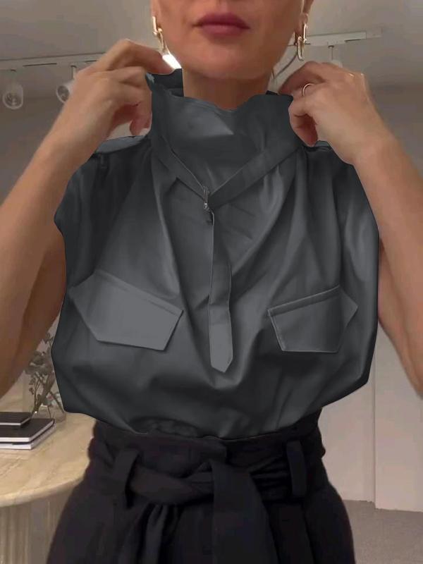 Loose Sleeveless Buckle Solid Color Stand Collar Blouses&Shirts Tops Product Image
