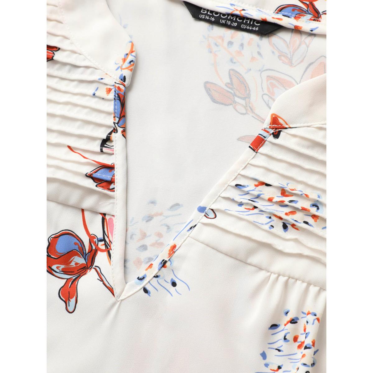 Plus Size Multicolor Floral Pleated Ruffle Cap Sleeve Blouse Women Elegant Cap Sleeve V-neck Everyday Blouses BloomChic 18-20/2X Product Image