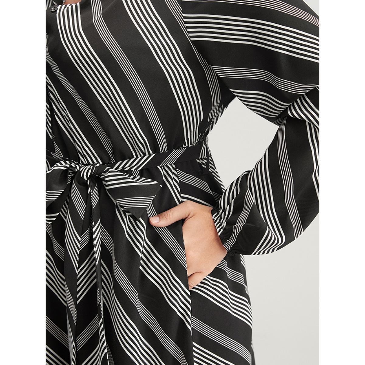 Plus Size Striped Lantern Sleeve Pocket Belted Lapel Collar Dress Black Women Office Belted Lapel Collar Long Sleeve Curvy Midi Dress BloomChic 10/M Product Image
