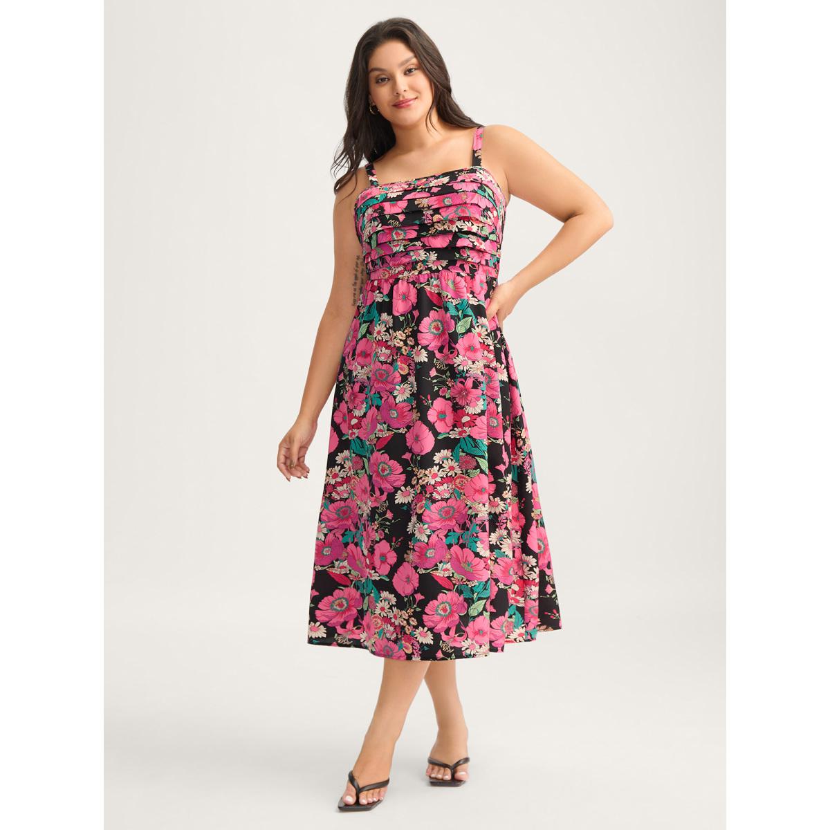 Plus Size Pleated Side Pockets Floral Midi Dress Black Women Tucked seam Non Sleeveless Curvy BloomChic 28/5X Product Image