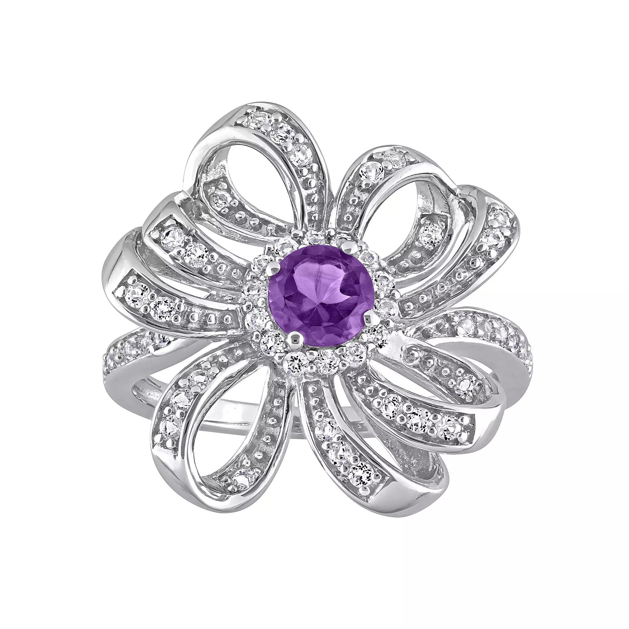 Stella Grace Sterling Silver African Amethyst & White Topaz Flower Cocktail Ring, Women's, Size: 6 Product Image