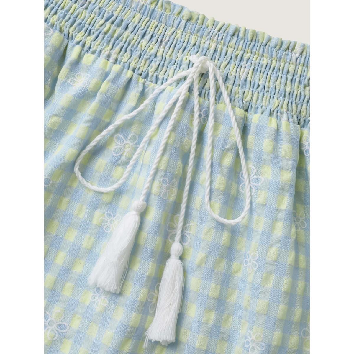 Plus Size Plaid Floral Shirred Waist Maxi Skirt Women LightBlue Loose No stretch Side seam pocket Elegant Skirts BloomChic 14-16/1X Product Image