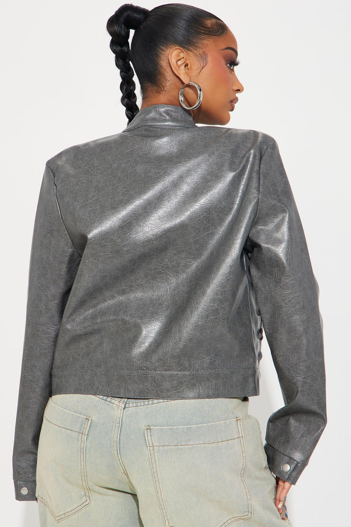 All Stitched Up Faux Leather Moto Jacket - Charcoal Product Image