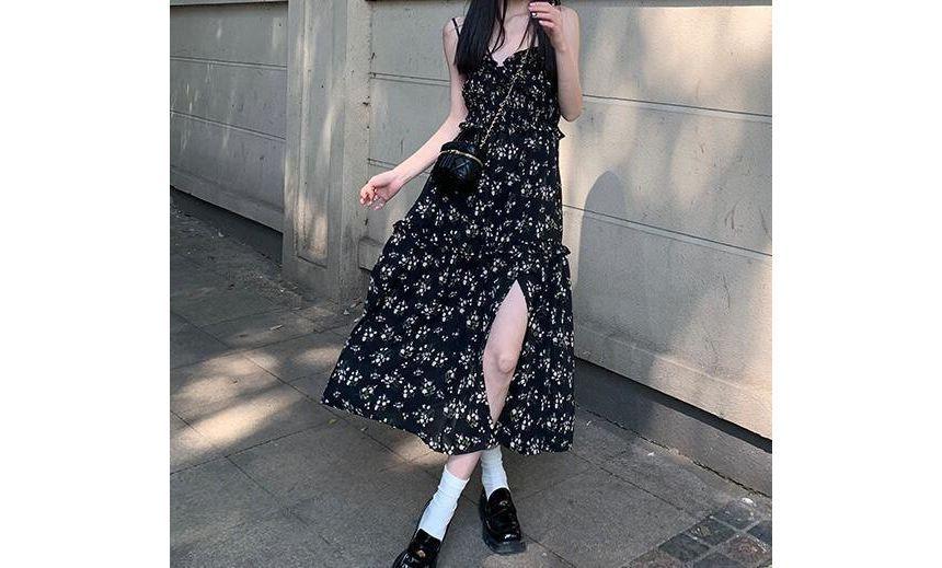 Spaghetti Strap Floral Slit Midi A-Line Sundress Product Image