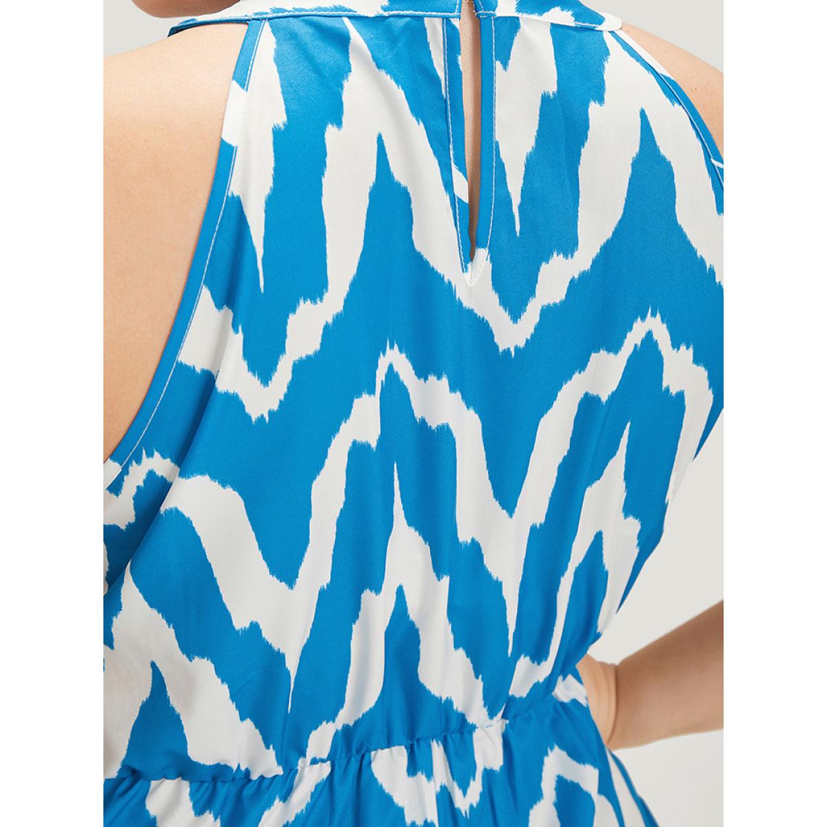 Plus Size Geometric Print Halter Pocket Ruffle Tiered Dress Blue Women Elegant Contrast Halter neck Sleeveless Curvy Midi Dress BloomChic 18-20/2X Product Image