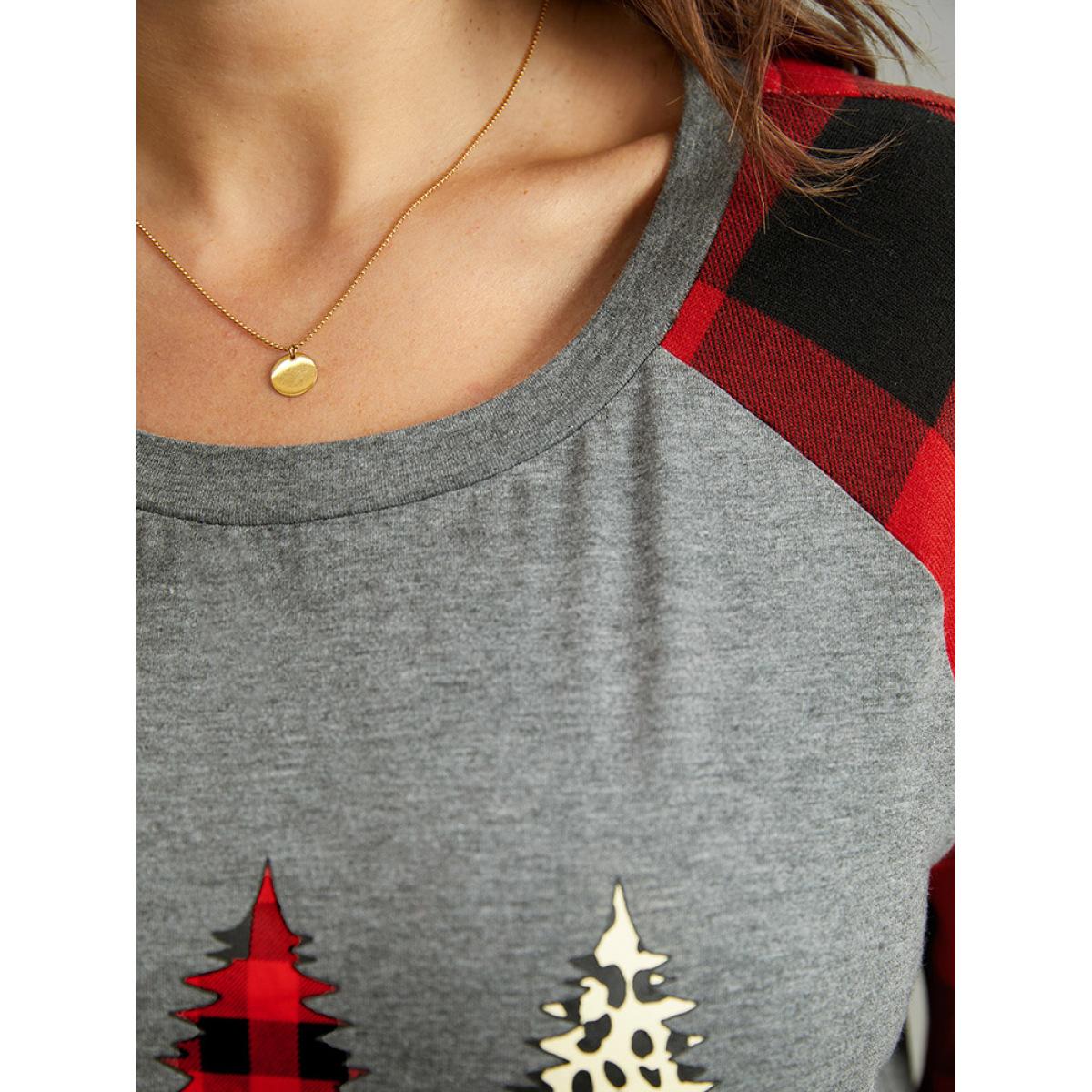 Plus Size Plaid Christmas Trees Round Neck T-shirt Gray Women Casual Contrast Christmas Festival-Christmas T-shirts BloomChic 22-24/3X Product Image
