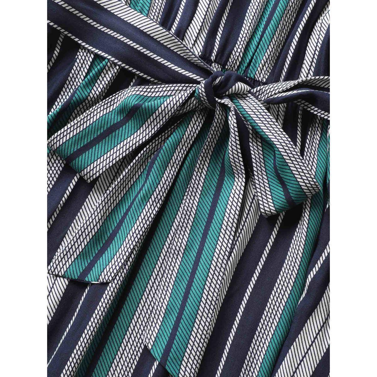 Plus Size Striped Belted Halter Pocket Dress DarkBlue Women Resort Belted Halter neck Sleeveless Curvy Midi Dress BloomChic 18-20/2X Product Image