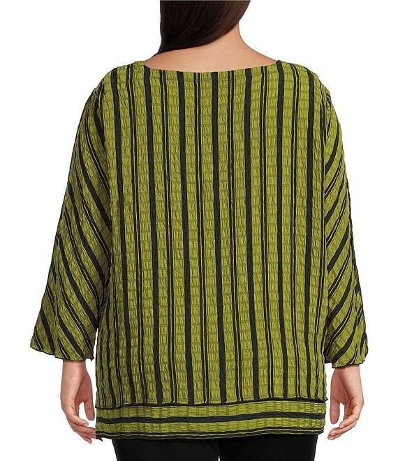 Ali Miles Plus Size Textured Yarn-Dye Woven Stripe Round Neck 3/4 Sleeve Tunic Product Image