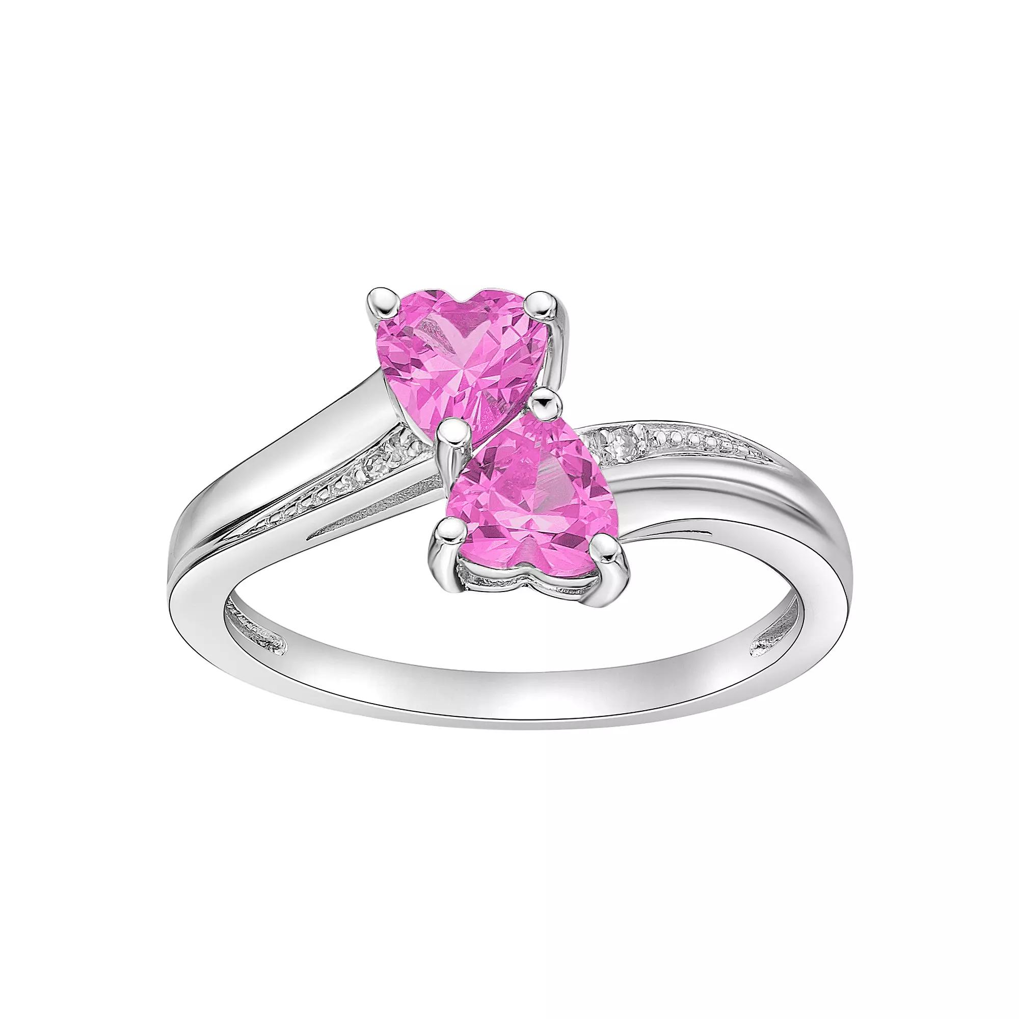 Gemminded Sterling Silver Gemstone & Diamond Accent Double Heart Bypass Ring, Women's, Size: 8, Created Pink Blue Product Image
