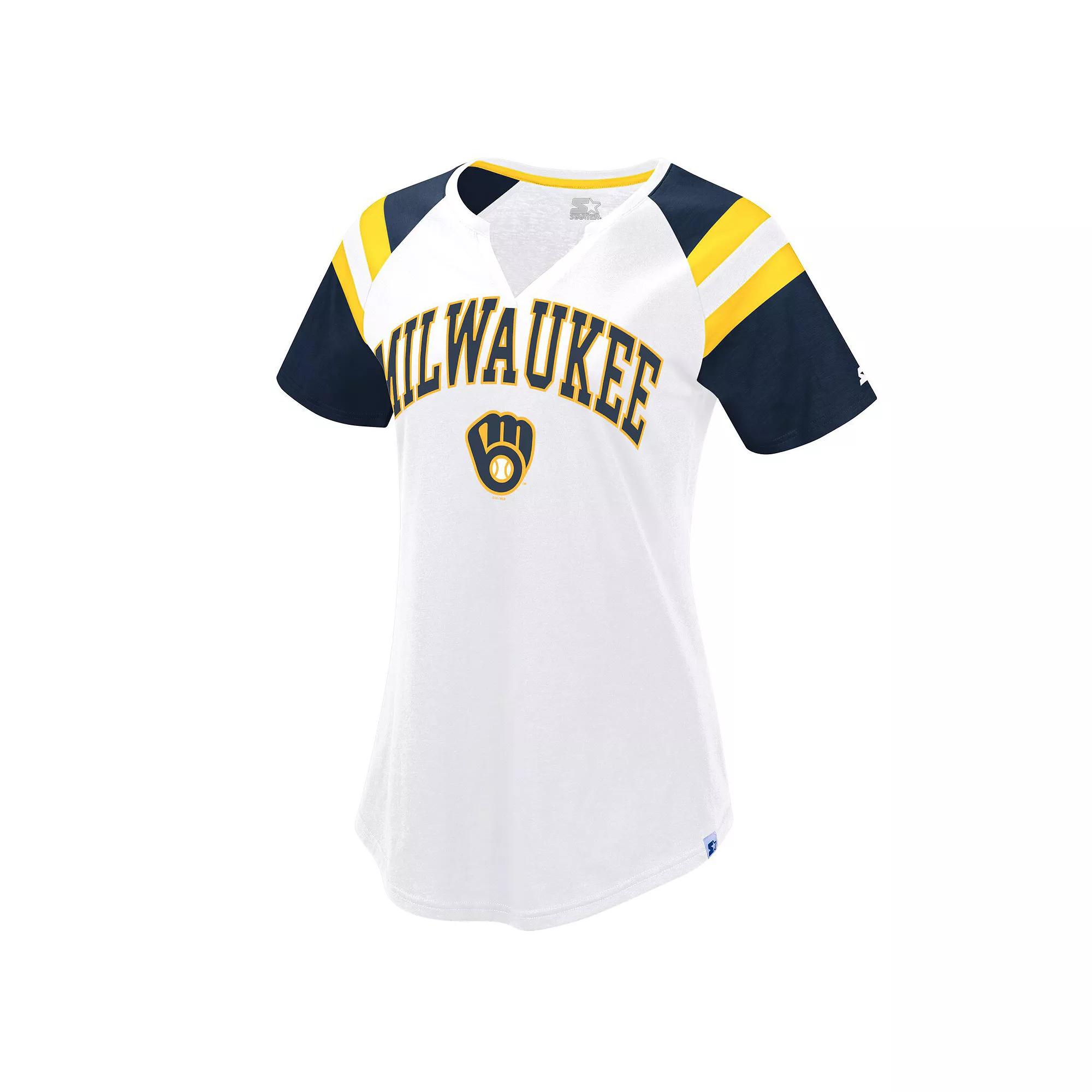 Women's Starter White/Navy Milwaukee Brewers Game On Notch Neck Raglan T-Shirt, Size: Large Product Image