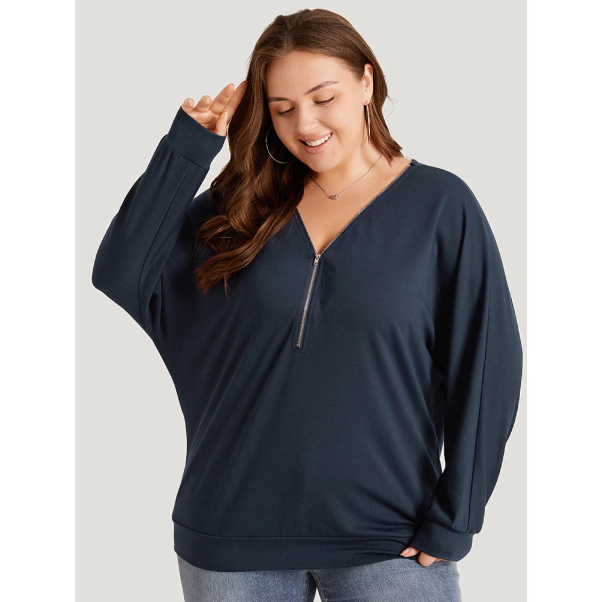 Plus Size Plain Zipper Half Elastic Cuffs Batwing Sleeve Sweatshirt Women Indigo Casual Elastic cuffs V-neck Dailywear Sweatshirts BloomChic 26/4X Product Image