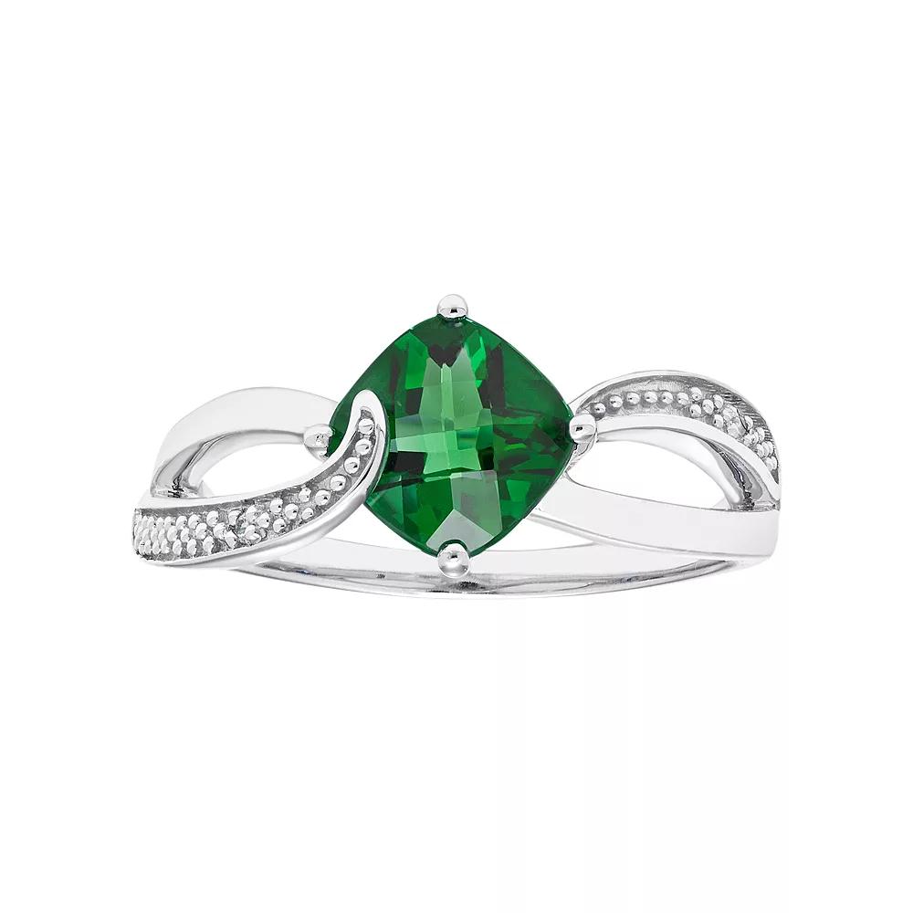 Sterling Silver Lab Created Emerald & Diamond Accent Cushion Bypass Ring, Women's,  Product Image