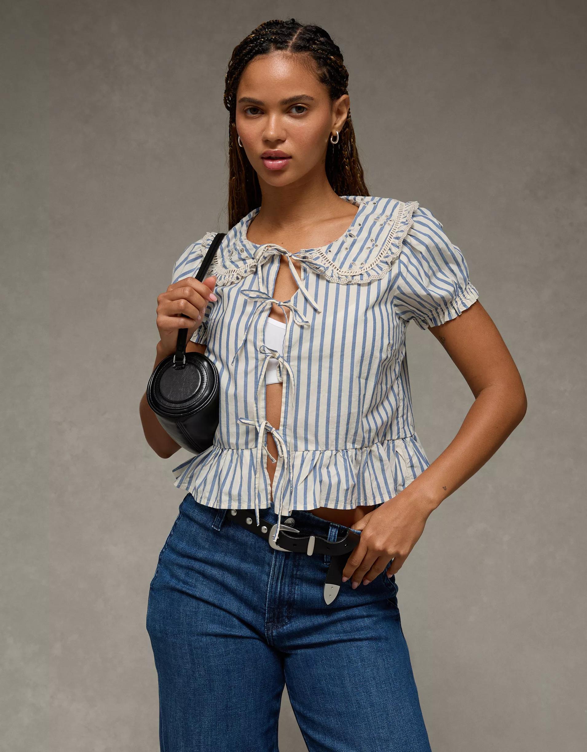 AE Collared Puff Sleeve Tie Front Blouse Product Image