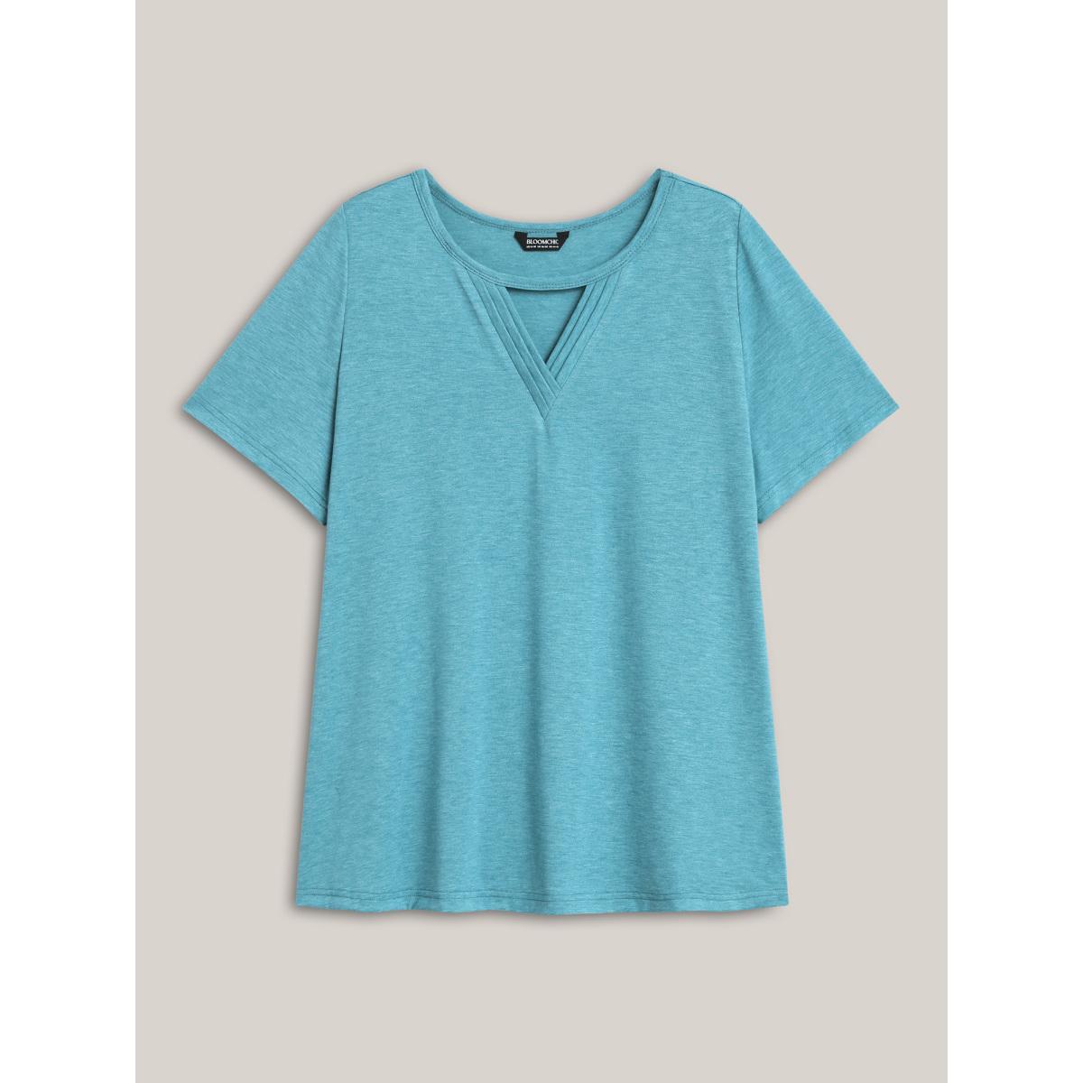 Plus Size Heathered Split Neck Curvy-Fit T-Shirt Teal Women Casual Pleated Notched collar Everyday T-shirts BloomChic 22-24/3X Product Image