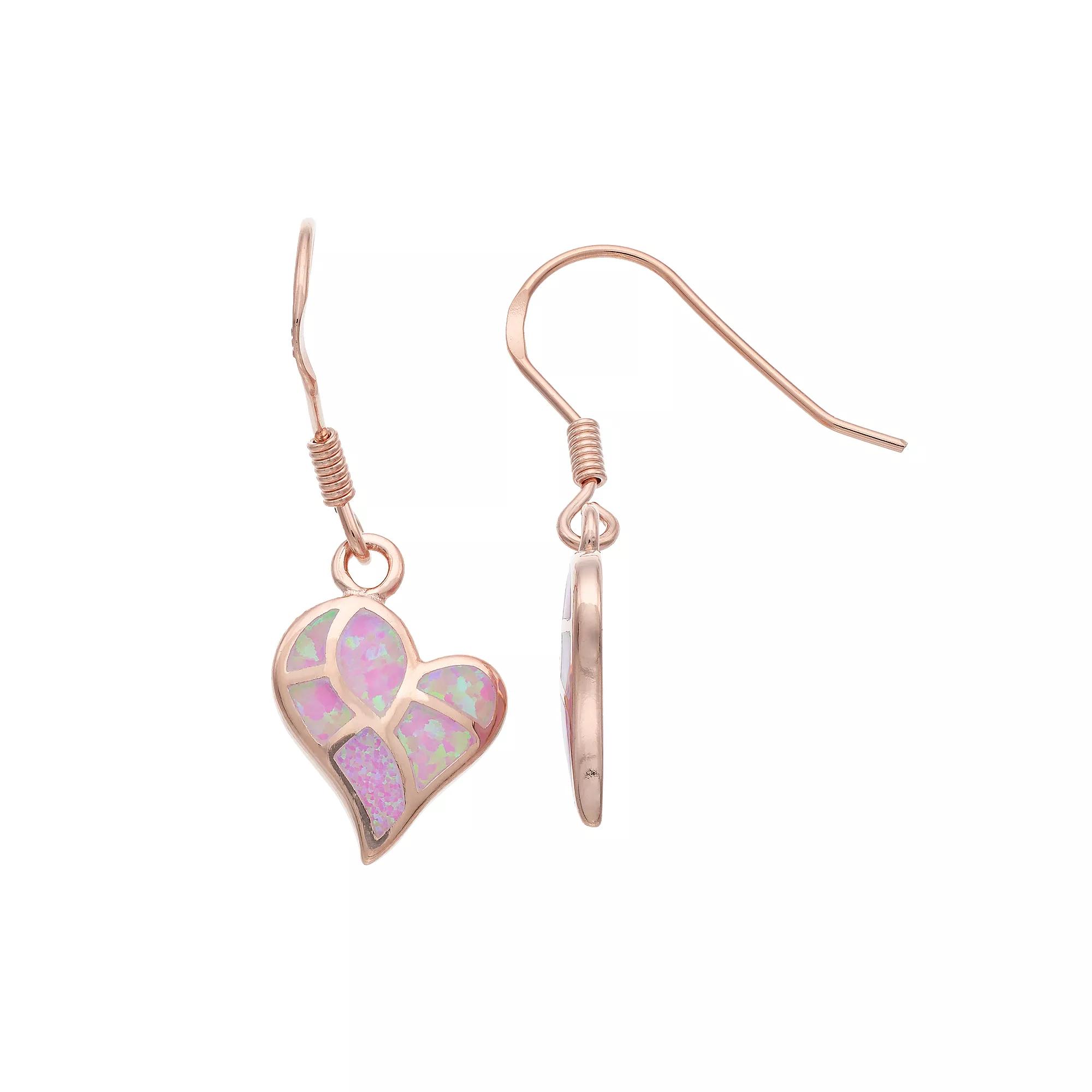 14k Rose Gold Over Silver Lab-Created Pink Opal Heart Drop Earrings, Women's, Pink Tone Product Image