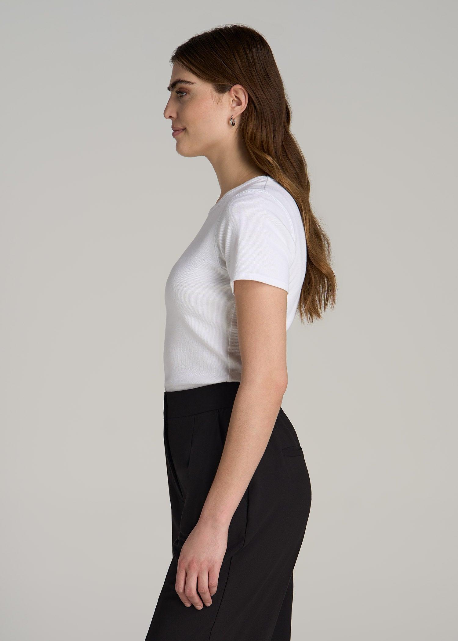 Short Sleeve Crew Neck Ribbed T-Shirt for Tall Women in Bright White Female Product Image