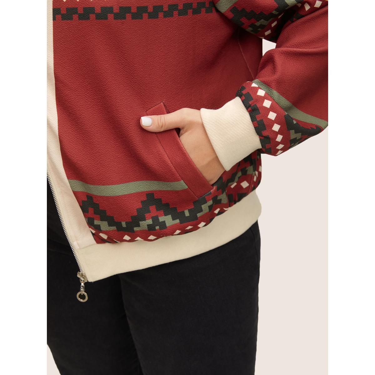 Plus Size Colorblock Rib Knit Pocket Zipper Fly Jacket Women Scarlet Non Slanted pocket Everyday Jackets BloomChic 10/M Product Image