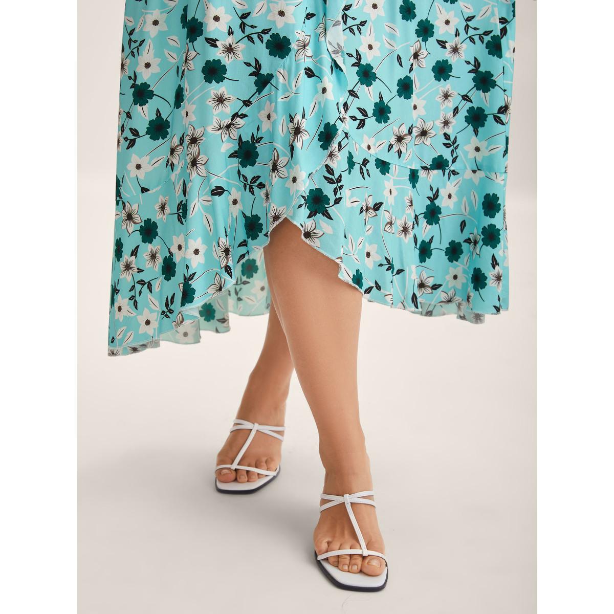 Plus Size Off-Shoulder Floral Print Adjustable Midi Dress Turquoise Women Non Sleeveless Curvy BloomChic 22-24/3X Product Image