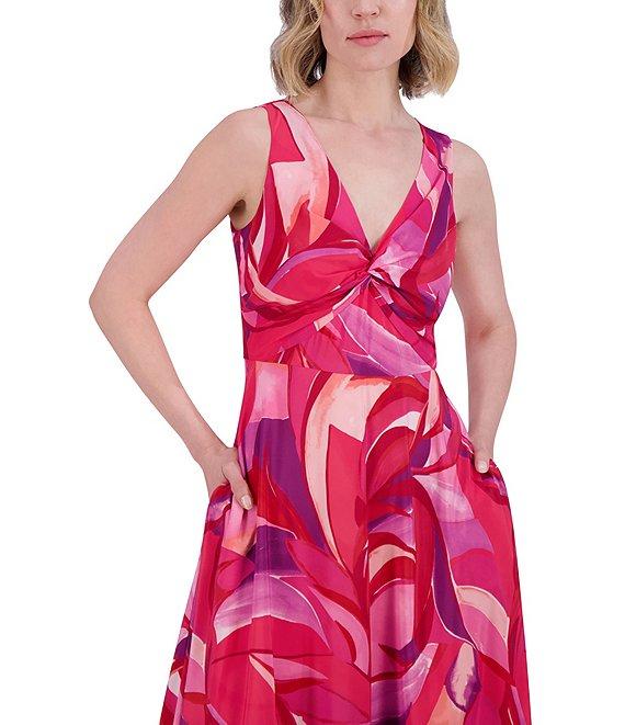 Eliza J Crepe Swirl Print V Neck Sleeveless Sheath Maxi Dress Product Image
