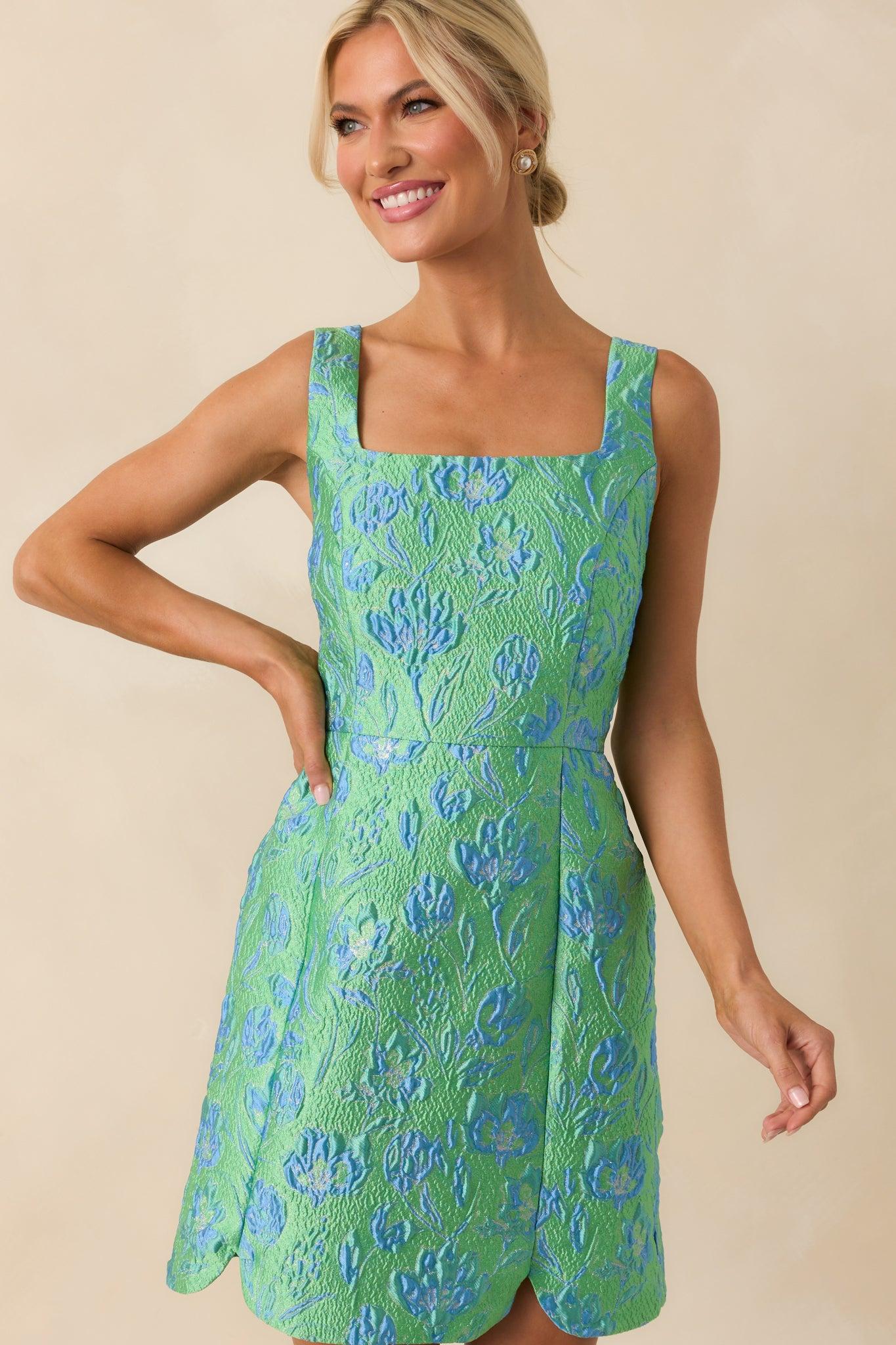 Just Look At Her Green Floral Print Jacquard Mini Dress Product Image