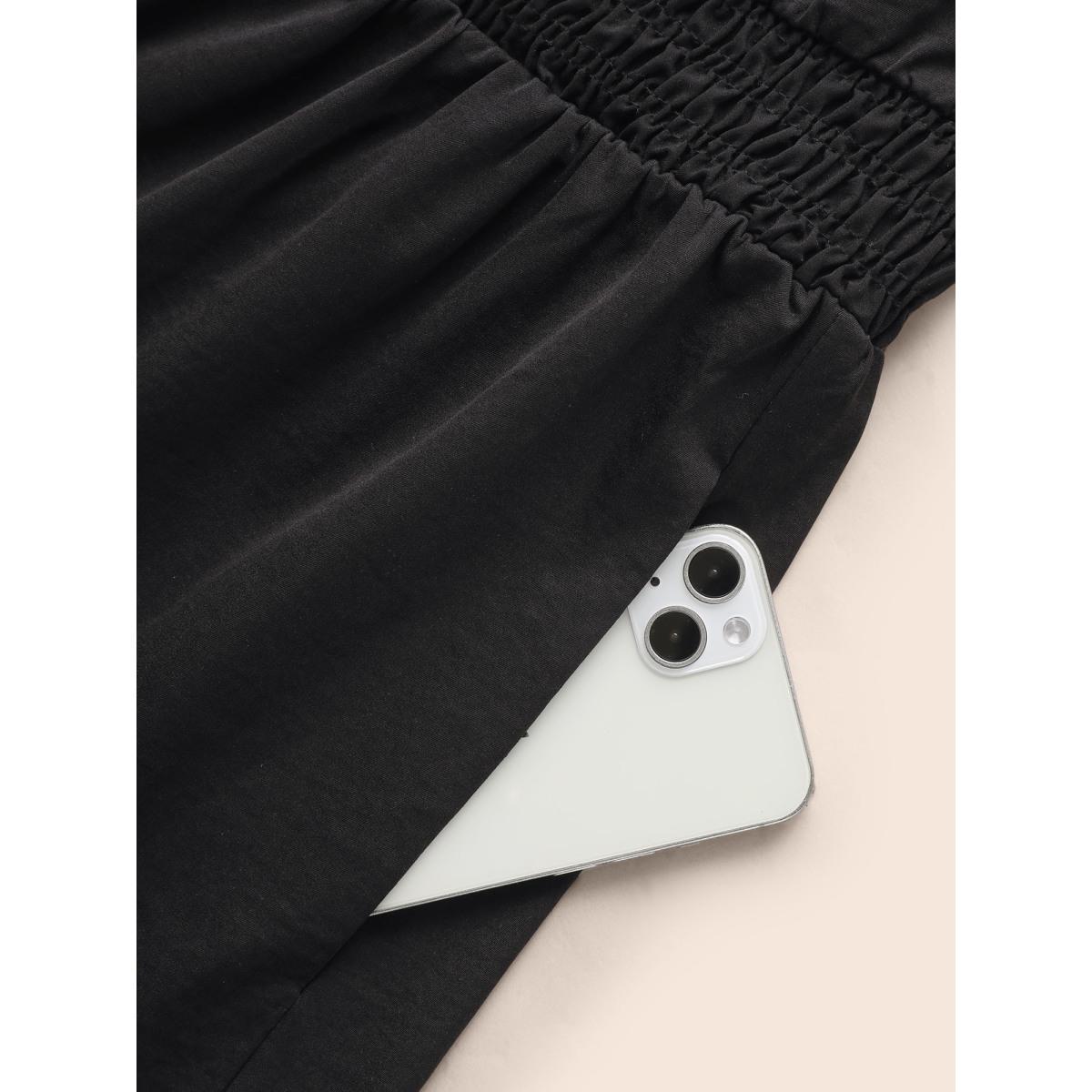 Plus Size Plain Frill Trim Ruffle Layered Hem Dress Black Women Timeless Tucked seam Mock Neck Short sleeve Curvy BloomChic 14-16/1X Product Image