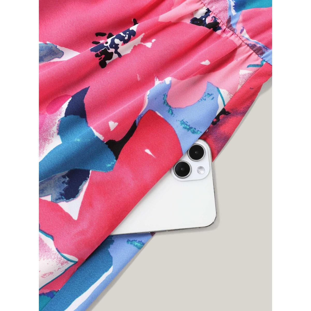 Plus Size Multi-Color Floral V-Neck Pockets Midi Dress Skyblue Women Elegant Ruffles V-neck Short sleeve Curvy BloomChic 12/L Product Image