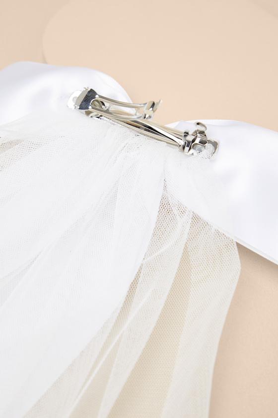 Ellia White Satin Tulle Layered Bow Hair Barrette Product Image