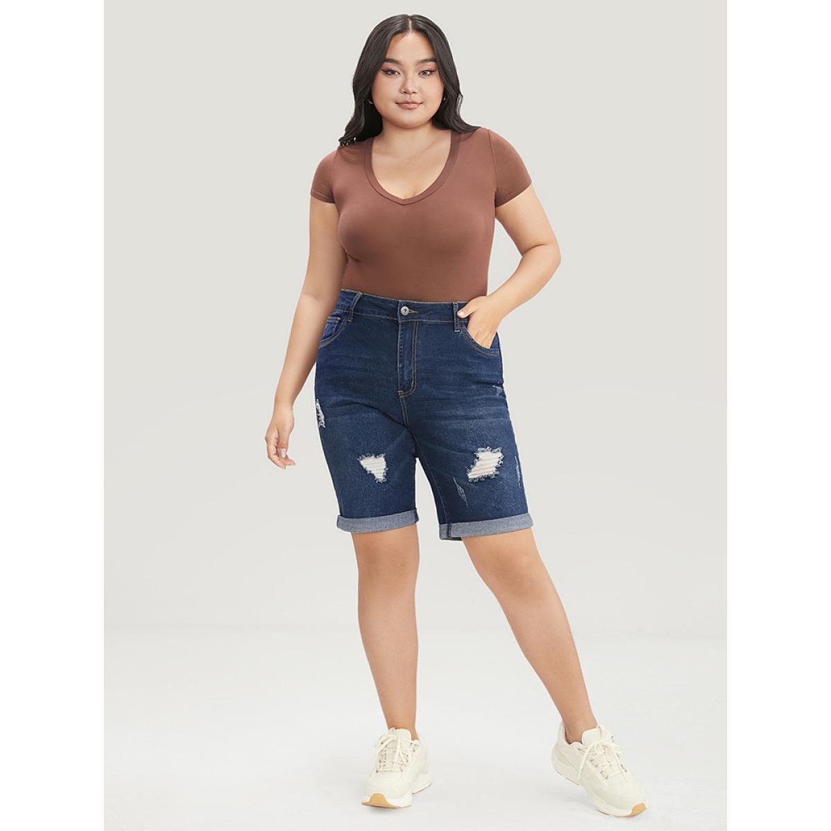 Plus Size Slightly Stretchy High Rise Dark Wash Distressed Denim Shorts Women DarkBlue Casual Plain Distressed Low stretch Pocket Jeans BloomChic 10/M Product Image