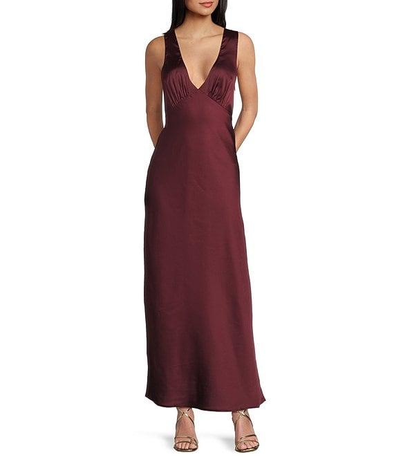 Midnight Doll Satin V-Neck Sleeveless Back Drape Dress Product Image