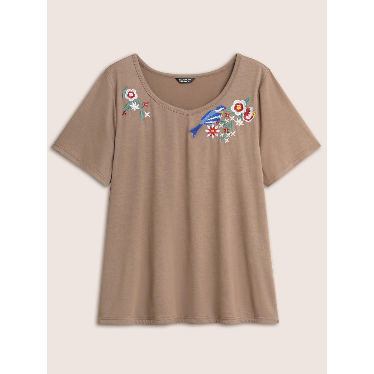 Plus Size Heart Neckline Natural Floral Embroidered T-shirt LightBrown Women Casual Contrast Natural Flowers Heart neckline Everyday T-shirts BloomChic 14-16/1X Product Image