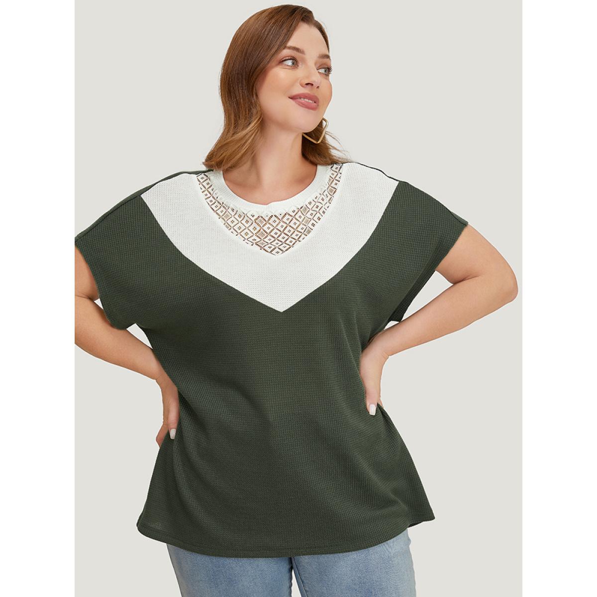 Plus Size Colorblock Contrast Lace Waffle Knit Batwing Sleeve T-shirt Sage Women Elegant Contrast Colorblock Round Neck Dailywear T-shirts BloomChic 28/5X Product Image
