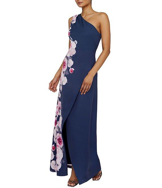 Kay Unger Stretch Crepe Floral Placement Print One Shoulder Neck Sleeveless Sheath Gown Product Image