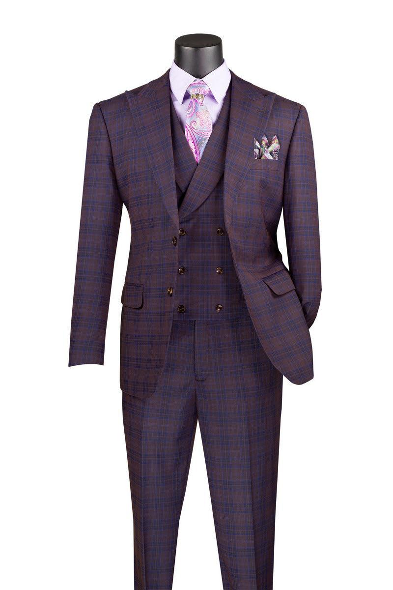 Purple Modern Fit Windowpane Peak Lapel 3 Piece Suit Product Image