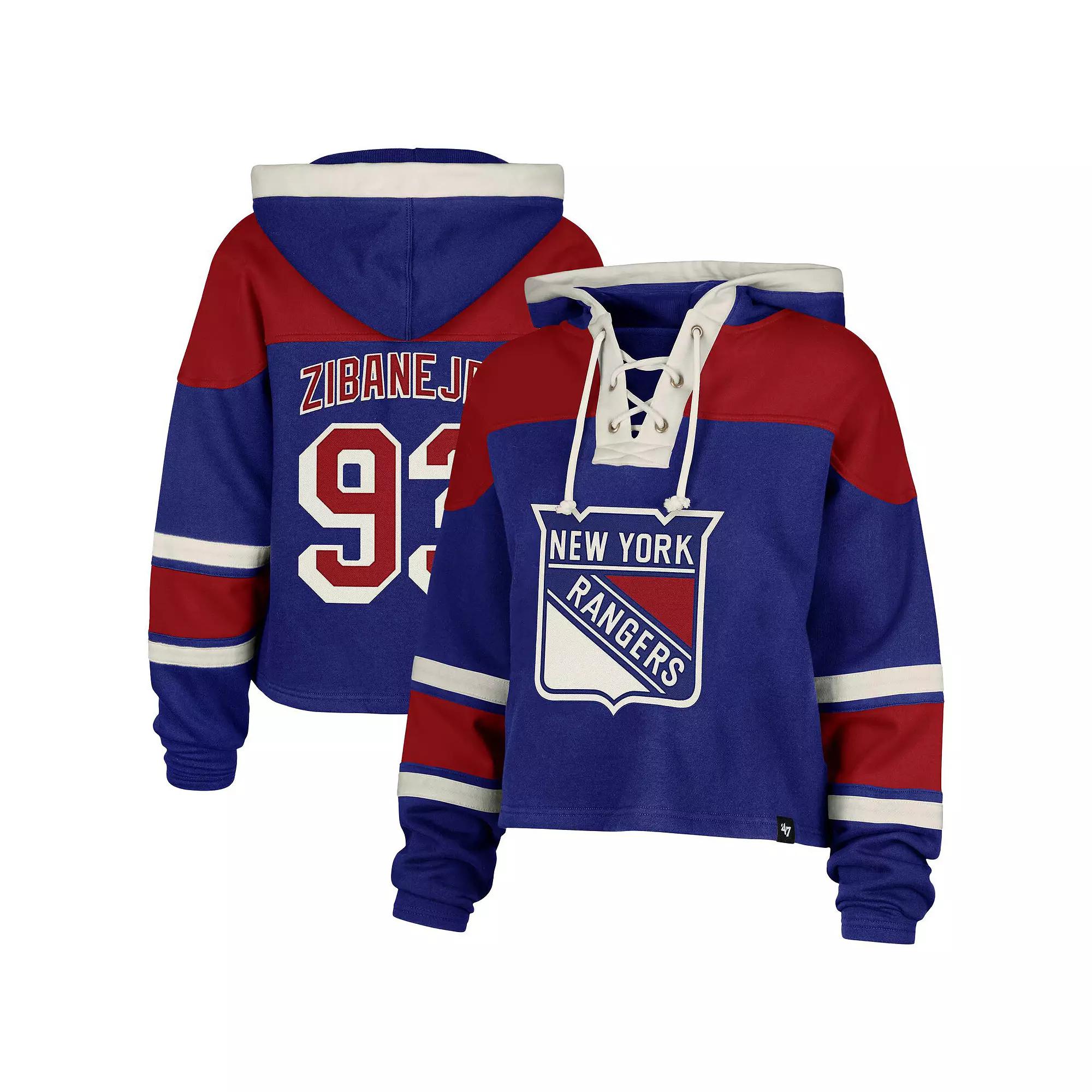Women's '47 Mika Zibanejad Blue New York Rangers Superior Lacer Cropped Pullover Hoodie,  Product Image