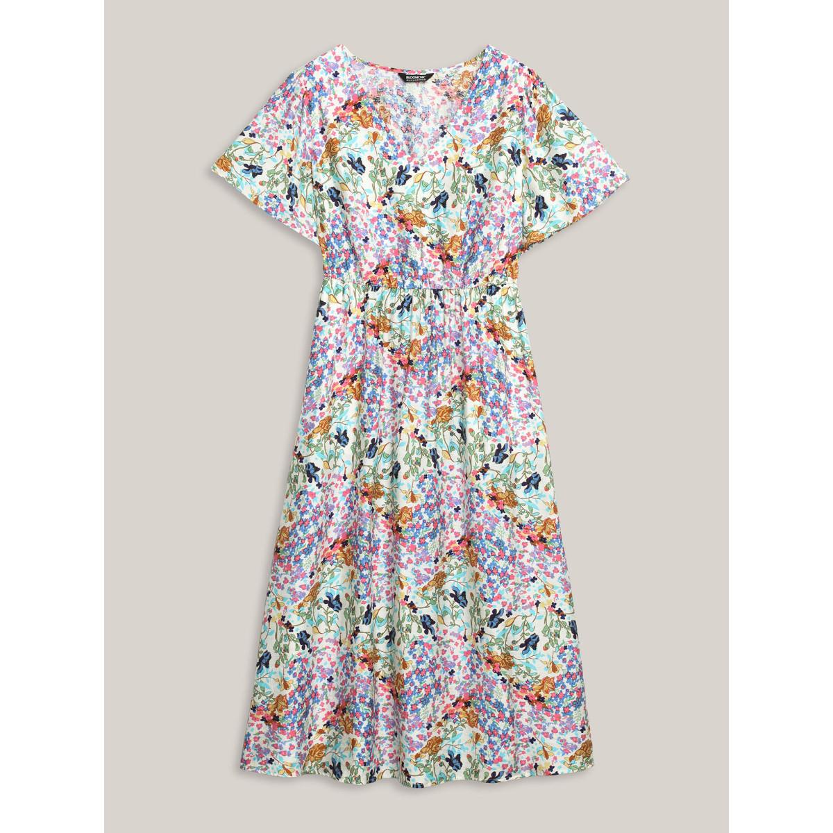 Plus Size Floral Print Cinched-Waist Pockets Midi Dress Mediumblue Women Timeless V-neck Short sleeve Curvy BloomChic 22-24/3X Product Image
