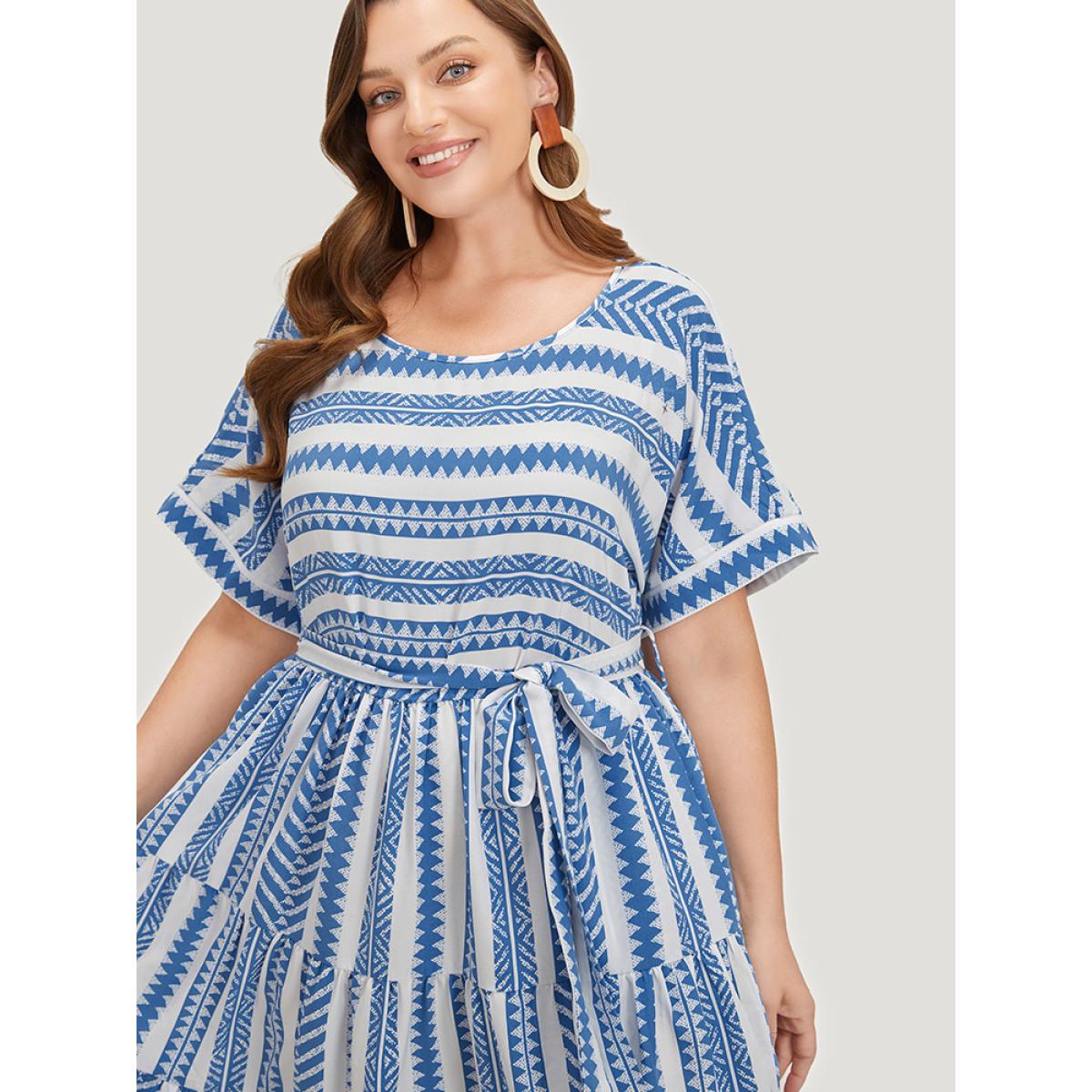 Plus Size Striped Geo Pocket Belt Pocket Layered Hem Dress LightBlue Women Vacation Tiered Round Neck Short sleeve Curvy Knee Dress BloomChic 26/4X Product Image