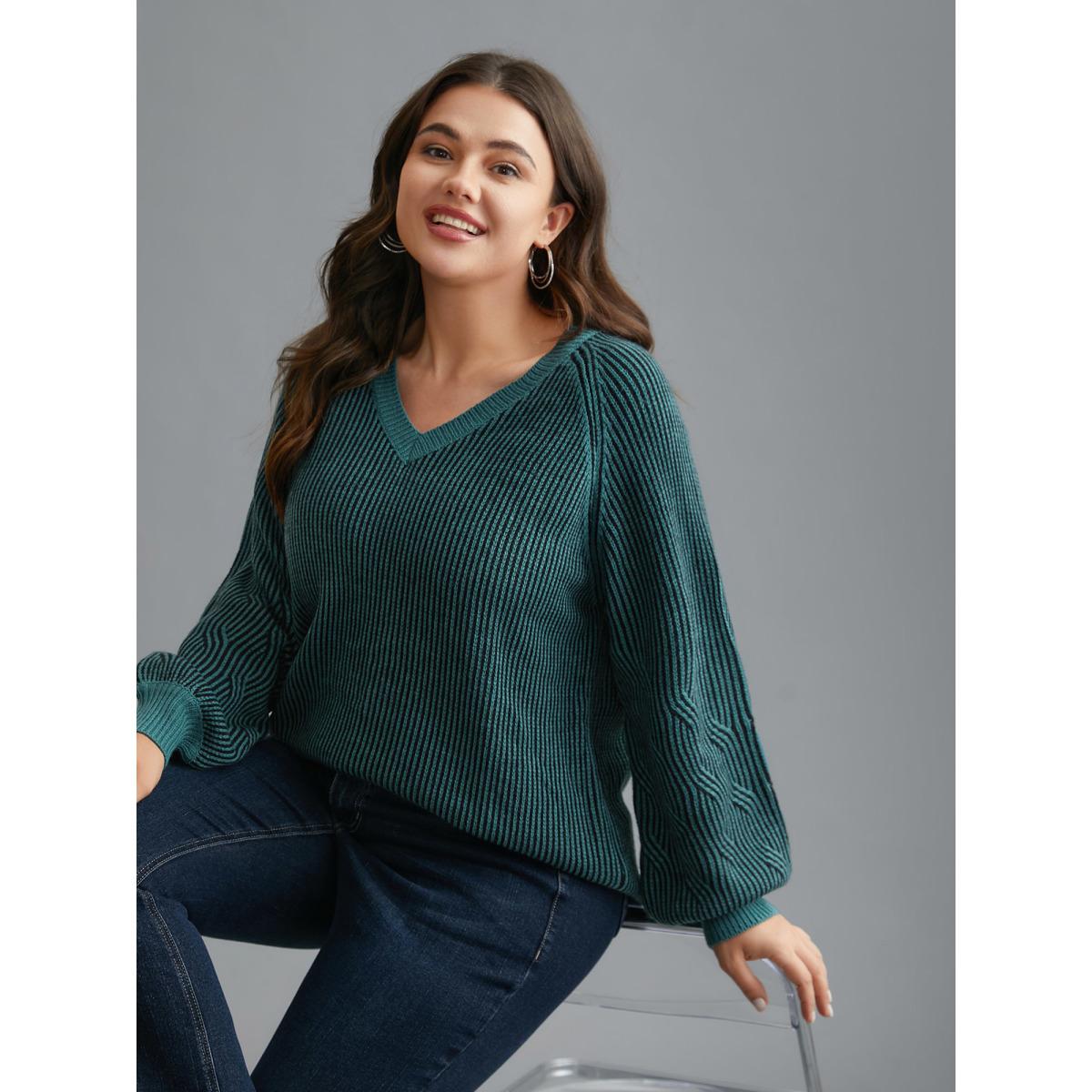 Plus Size Cable Knit V-Neck Raglan Sleeve Pullover Cyan Women Casual Loose Long Sleeve V-neck Everyday Pullovers BloomChic 26/4X Product Image