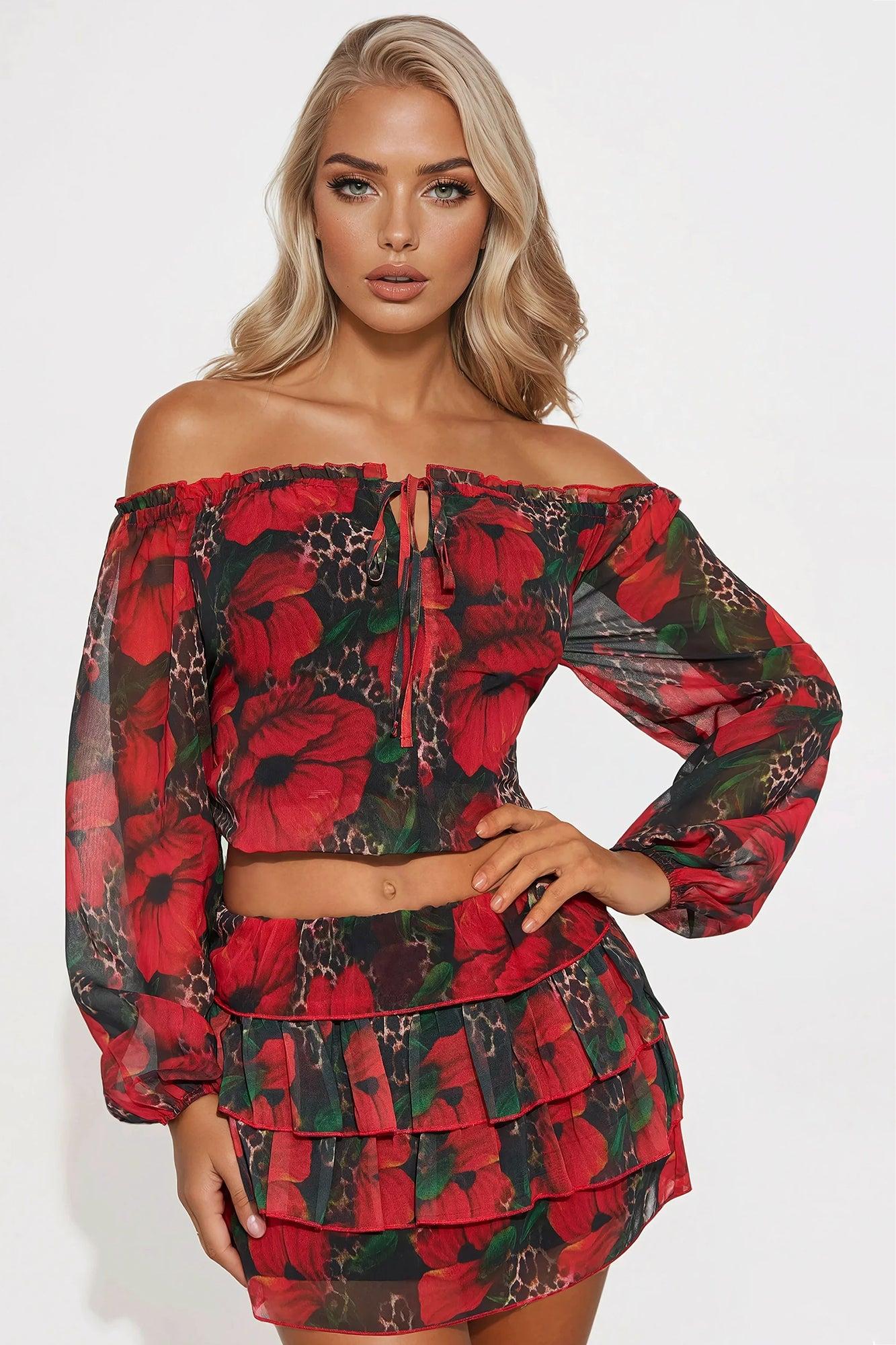 Floral Fantasy Ruffle Mini Skirt Set - Red/combo Product Image