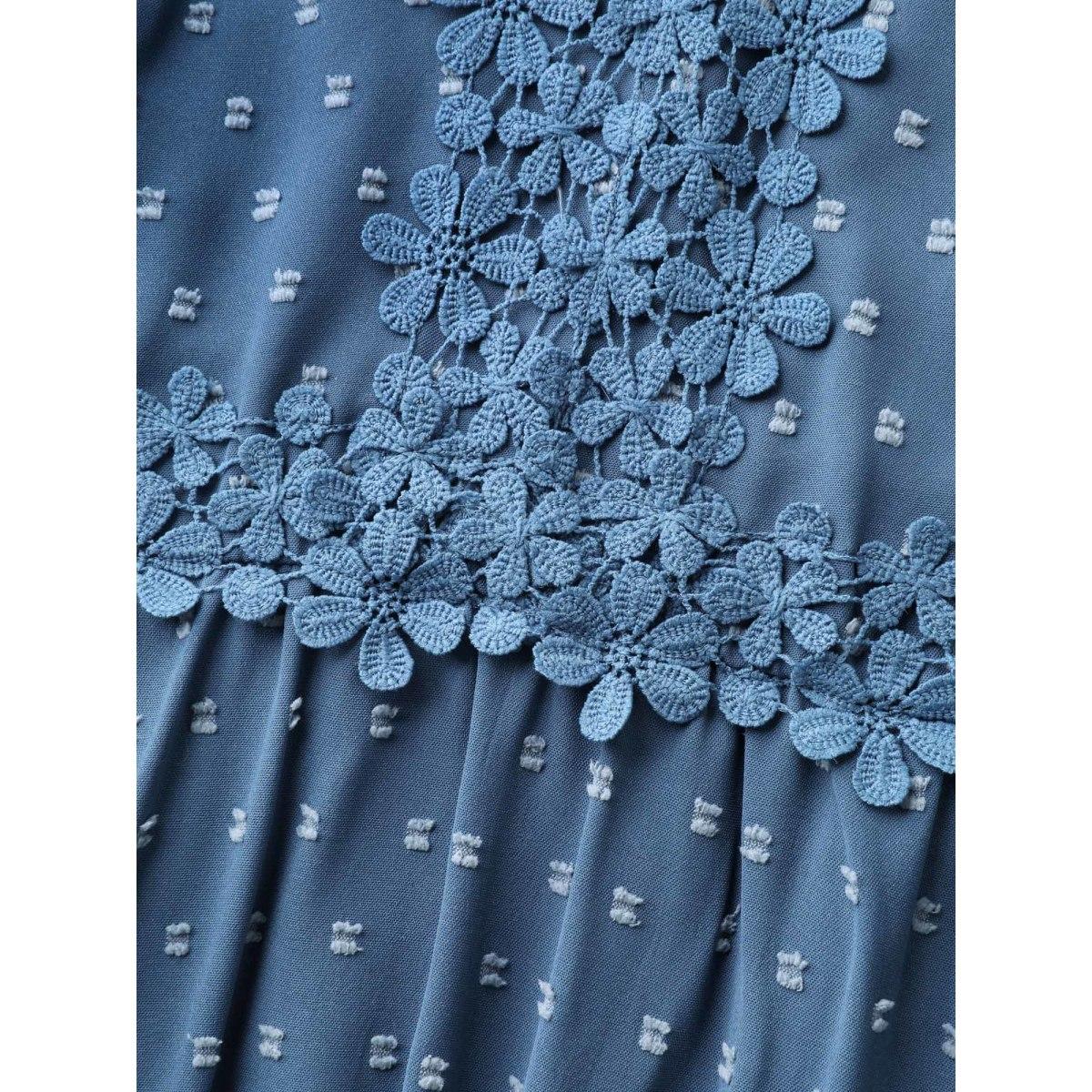 Plus Size Lace Textured Spliced Pockets Midi Dress Mediumblue Women Office Woven ribbon&lace trim V-neck Cap Sleeve Curvy BloomChic 22-24/3X Product Image