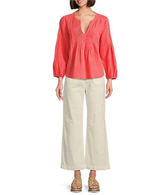 Tommy Bahama Coastalina Pintuck Solid Linen Plain Weave Split V-Neck Long Sleeve Peasant Top Product Image